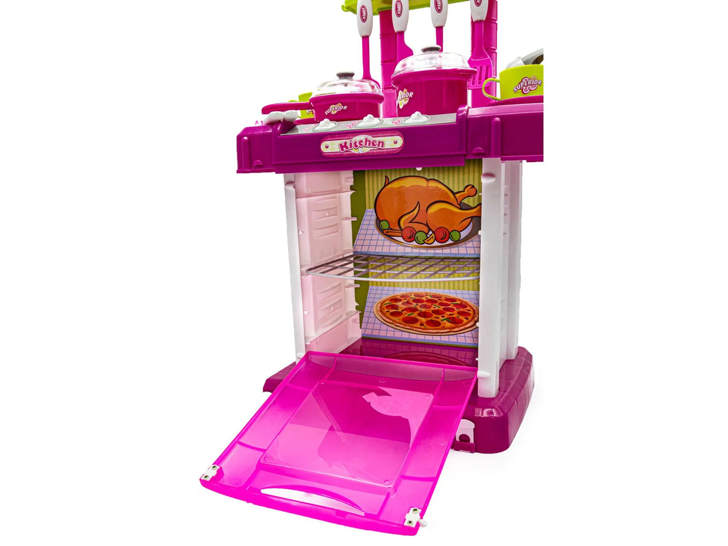 Rosa Küche mit Backofen, Lichtern, Geräuschen und Zubehör