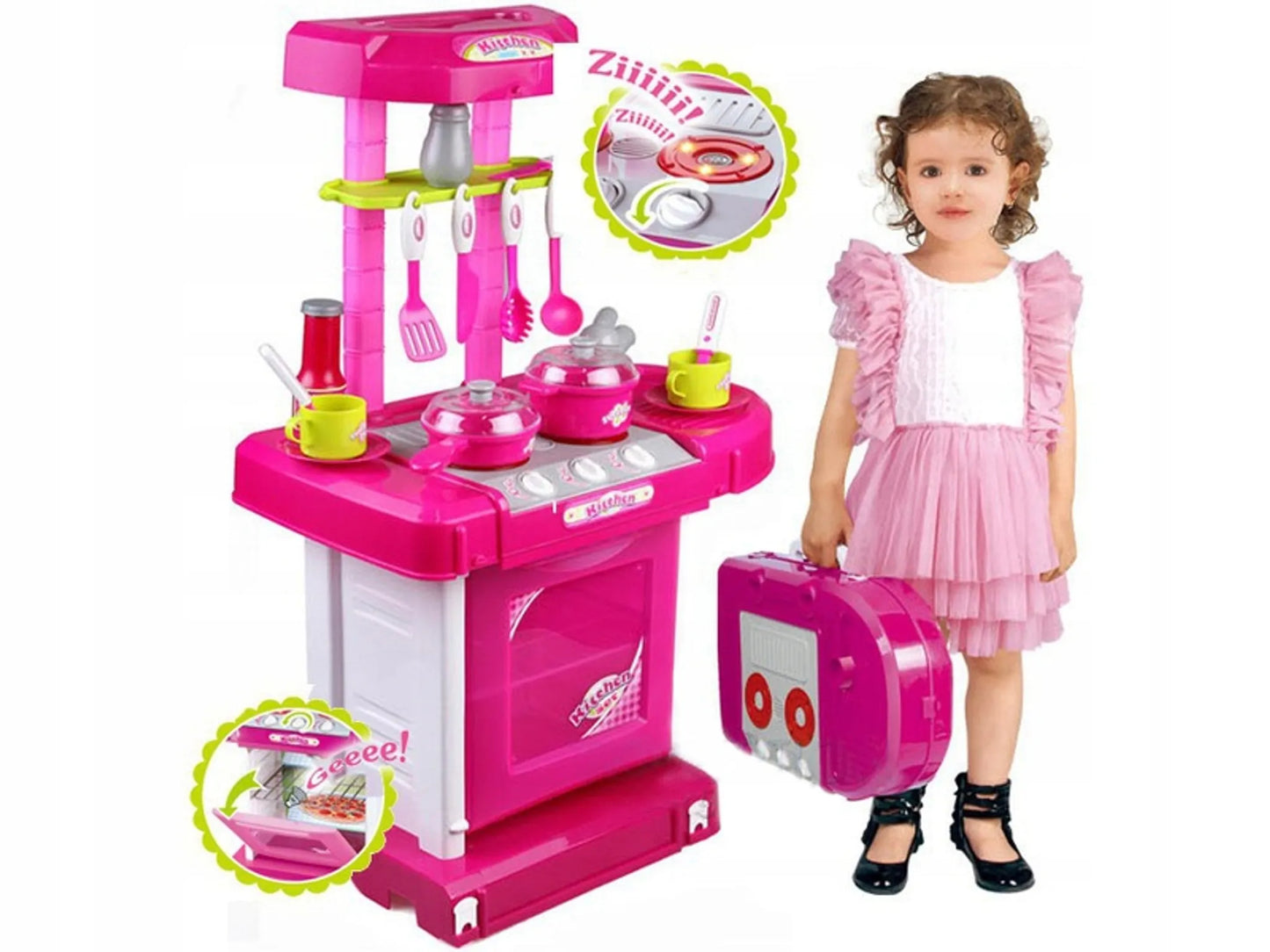 Rosa Küche mit Backofen, Lichtern, Geräuschen und Zubehör
